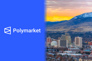 Logotipo da Polymarket e paisagem urbana de Reno, Nevada, representando a liminar do estado e a aplicação regulatória contra os mercados de previsão.