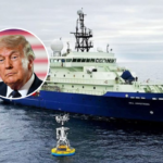 R/V Neil Armstrong preparing to recover an OOI surface mooring from the Irminger Sea Array in 2024. Inset: President Donald Trump.