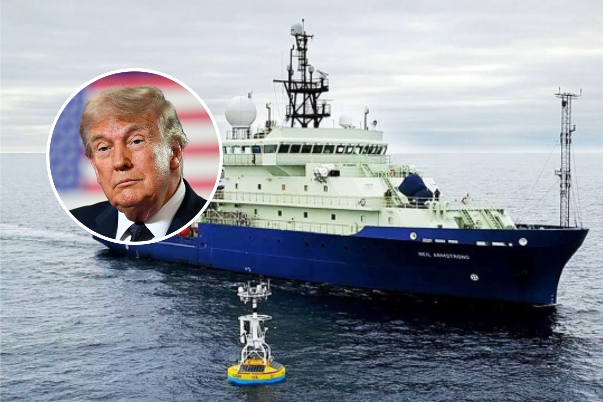 R/V Neil Armstrong preparing to recover an OOI surface mooring from the Irminger Sea Array in 2024. Inset: President Donald Trump.