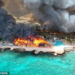 Uma visão de drone mostra um grande incêndio ocorrendo no Viva Dominicus Beach by Wyndham em Bayahibe, La Altagracia, República Dominicana. O incêndio matou uma mulher italiana