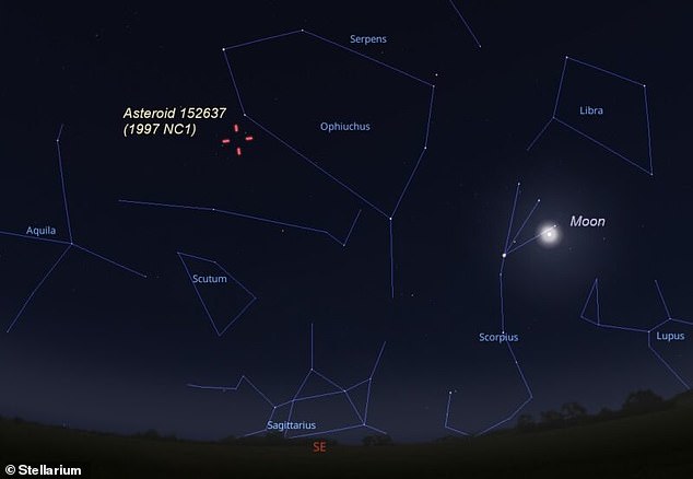 Um asteróide com um quilômetro de comprimento passará pela Terra amanhã à noite, passando tão perto que será visível para qualquer pessoa com um binóculo decente. Na foto: a localização do asteróide às 4h00 BST