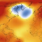 Visualização das correntes oceânicas no Atlântico Norte. As cores mostram a temperatura da superfície do mar (laranja e amarelo são mais quentes, verde e azul são mais frios). - Centro de Voo Espacial Goddard da NASA