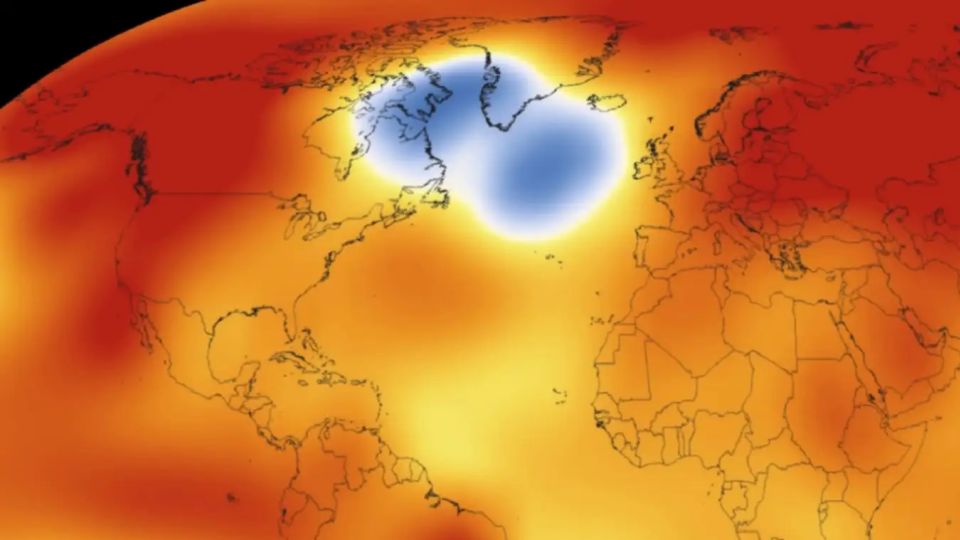 Visualização das correntes oceânicas no Atlântico Norte. As cores mostram a temperatura da superfície do mar (laranja e amarelo são mais quentes, verde e azul são mais frios). - Centro de Voo Espacial Goddard da NASA