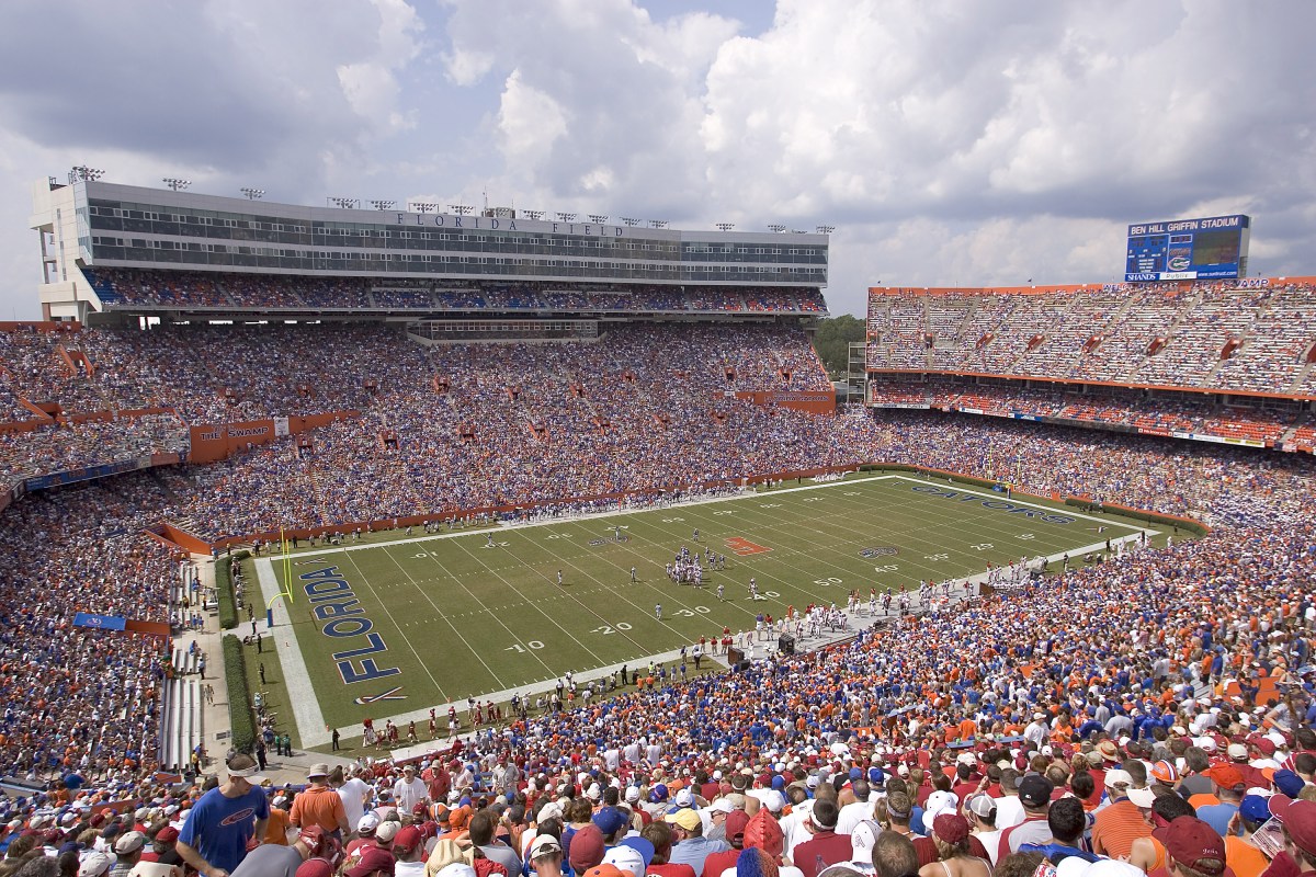 The Swamp during a 45 to 30 win by the Florida Gators over the Arkansas Razorbacks on October 2, 2004 at Ben Hill Griffin Stadium in Gainesville, Florida. (Photo by Wesley Hitt/WireImage) *** Local Caption ***