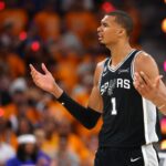 Victor Wembanyama of the Spurs reacts during NBA Finals game against New York Knicks