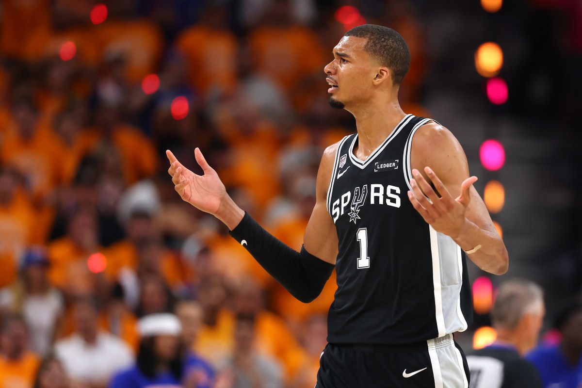 Victor Wembanyama of the Spurs reacts during NBA Finals game against New York Knicks