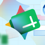 Uma mulher sentada em um sofá usando o telefone, cercada pelos logotipos do Gmail, Drive, Docs, YouTube e Gemini.