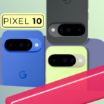 Google Pixel 10 visto de trás, colocado sobre uma engrenagem vermelha, com um grande '10' à esquerda