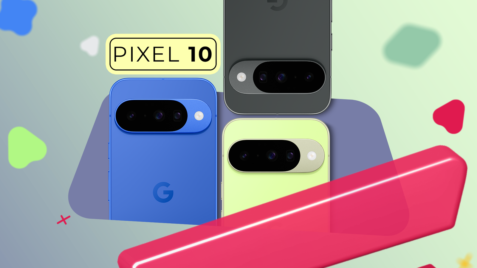 Google Pixel 10 visto de trás, colocado sobre uma engrenagem vermelha, com um grande '10' à esquerda