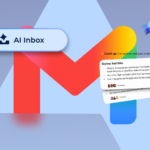 Ilustração de uma mão robótica segurando o logotipo do Gmail, cercada por brilhos do Google Gemini e aviões de papel voadores