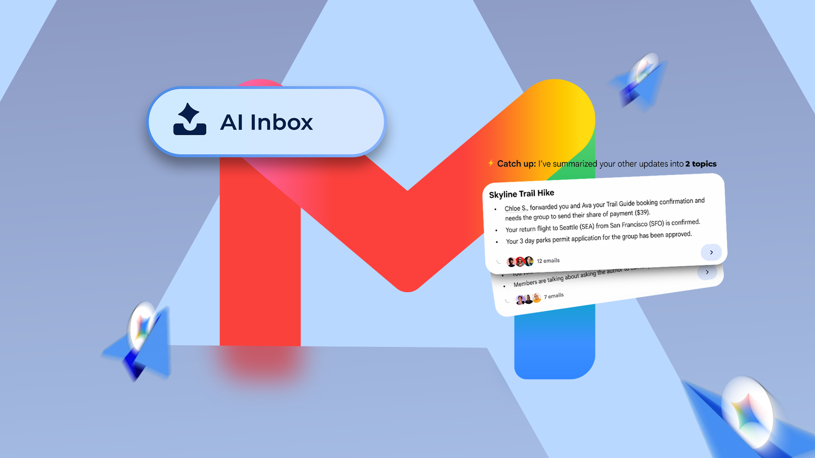 Ilustração de uma mão robótica segurando o logotipo do Gmail, cercada por brilhos do Google Gemini e aviões de papel voadores