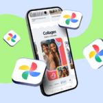 Colagem do Google Fotos com categorias de pesquisa para animais de estimação e férias com um botão Perguntar fotos em destaque