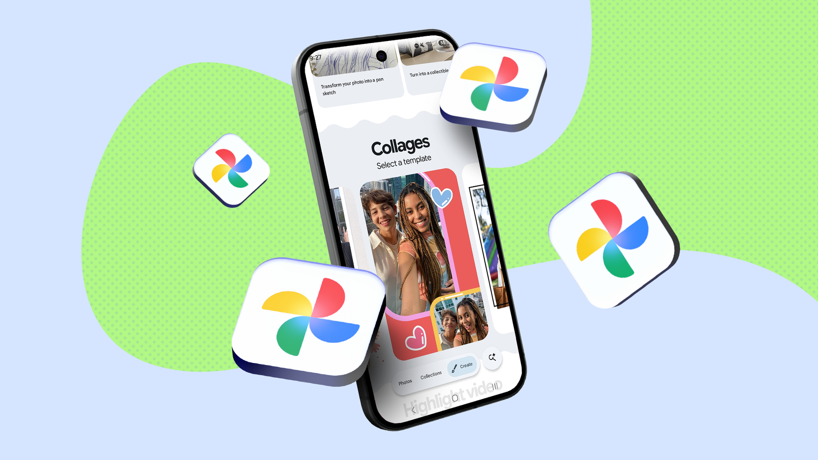 Colagem do Google Fotos com categorias de pesquisa para animais de estimação e férias com um botão Perguntar fotos em destaque