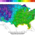 Os mapas gráficos da NOAA mostram as temperaturas nos EUA de terça-feira, 30 de junho, até quarta-feira, 1º de julho de 2026.