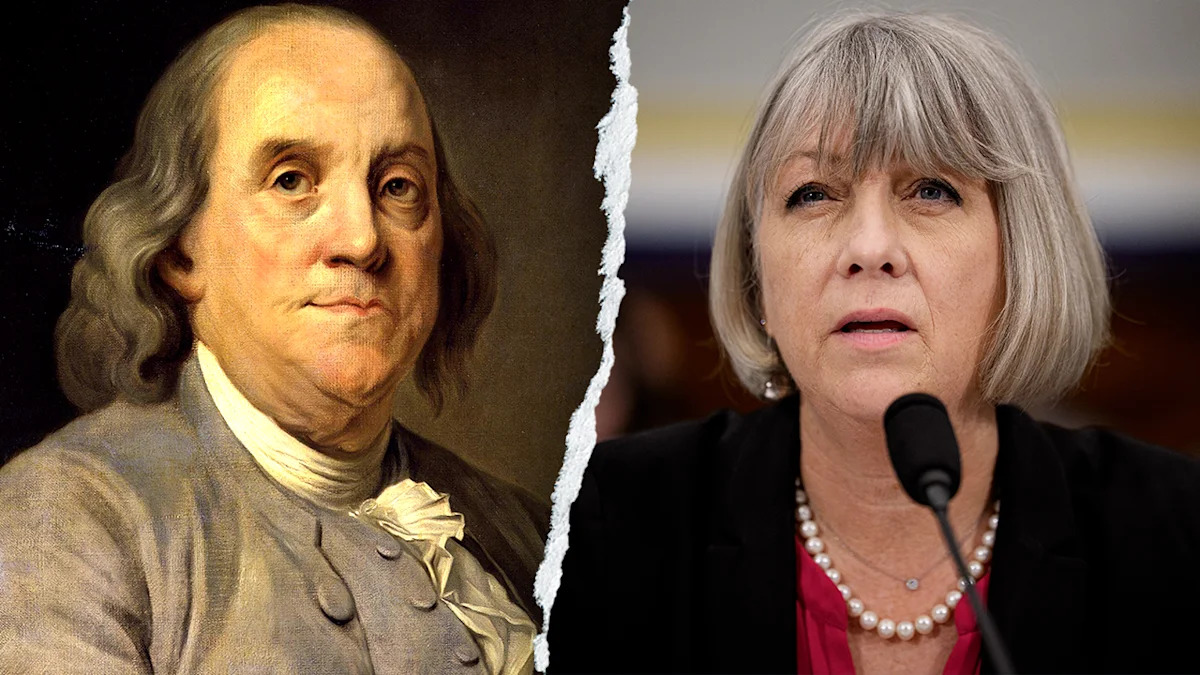 Benjamin Franklin ao lado de Anthea Hartig