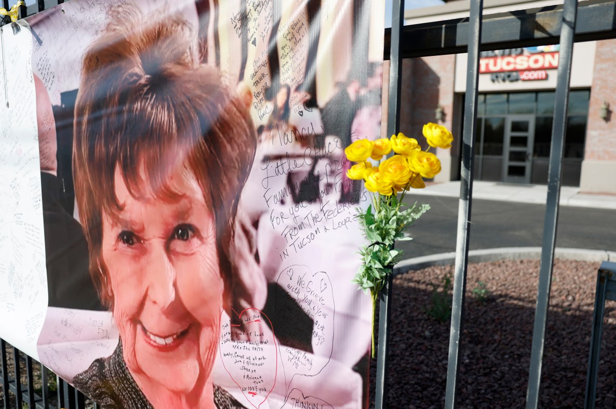 A photograph of Nancy Guthrie is displayed on a banner in front of the KVOA television station on March 01, 2026 in Tucson, Arizona.