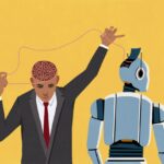 Businessman pulling at thread connecting his brain and open head of AI robot on yellow background