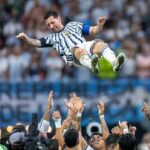 ATLANTA, GEORGIA - JULY 07: Lionel Messi #10 of Argentina is thrown in the air by teammates after the 3-2 victory during the FIFA World Cup 2026 Round of 16 match between Argentina and Egypt at Atlanta Stadium on July 07, 2026 in Atlanta, Georgia. (Photo by Justin Setterfield/Getty Images)