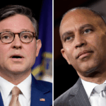 Left: House Speaker Mike Johnson speaks during a press conference in Washington on October 20, 2025. House Minority Leader Hakeem Jeffries speaks during a press conference in Washington on June 11, 2025.