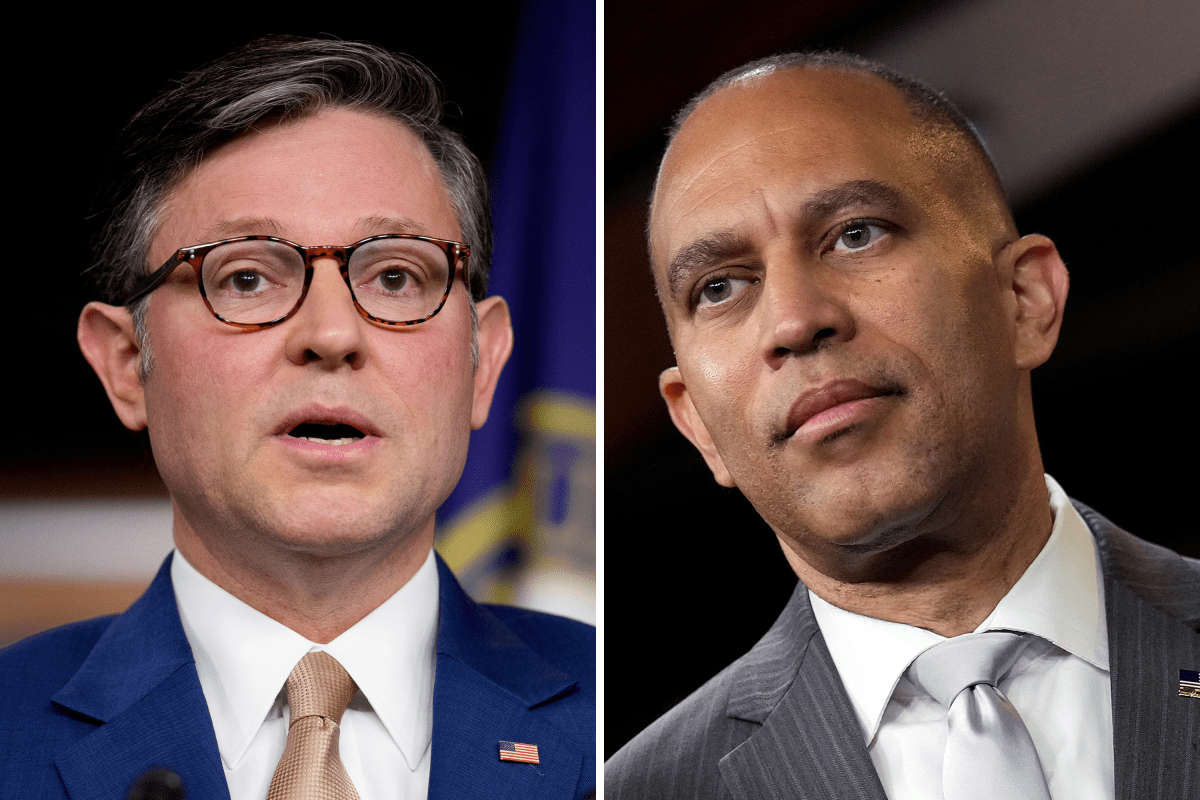 Left: House Speaker Mike Johnson speaks during a press conference in Washington on October 20, 2025. House Minority Leader Hakeem Jeffries speaks during a press conference in Washington on June 11, 2025.