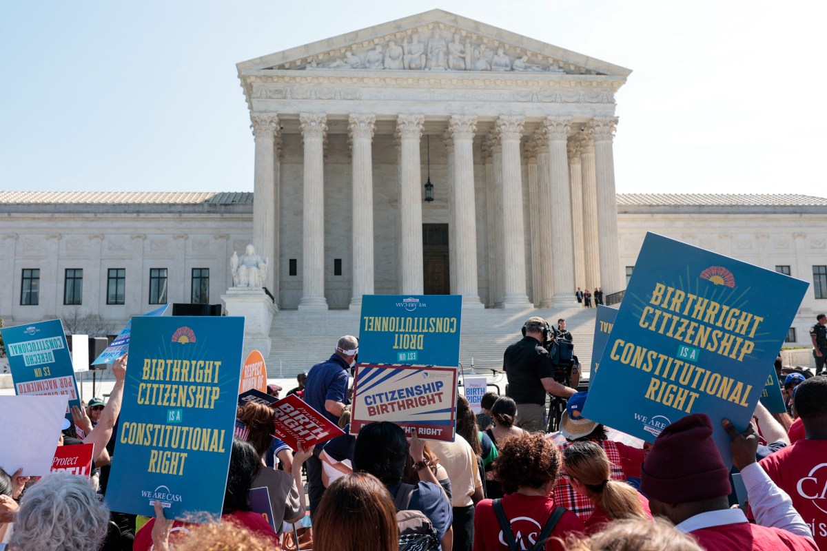 Demonstrators rally in support of birthright citizenship outside the U.S. Supreme Court on April 1, 2026, as President Donald Trump attends oral arguments in Washington, D.C.