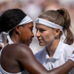 LONDON, ENGLAND - July 09: Winner Karolína Muchová of the Czech Republic is embraced at the net by Coco Gauff of the United States after their match in the semi-final of the Ladies' Singles Competition on Centre Court during the Wimbledon Lawn Tennis Championships at the All England Lawn Tennis and Croquet Club at Wimbledon on July 9th, 2026, in London, England. (Photo by Tim Clayton/Getty Images)