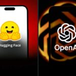 A split screen illustration featuring the logos of Hugging Face and OpenAI.