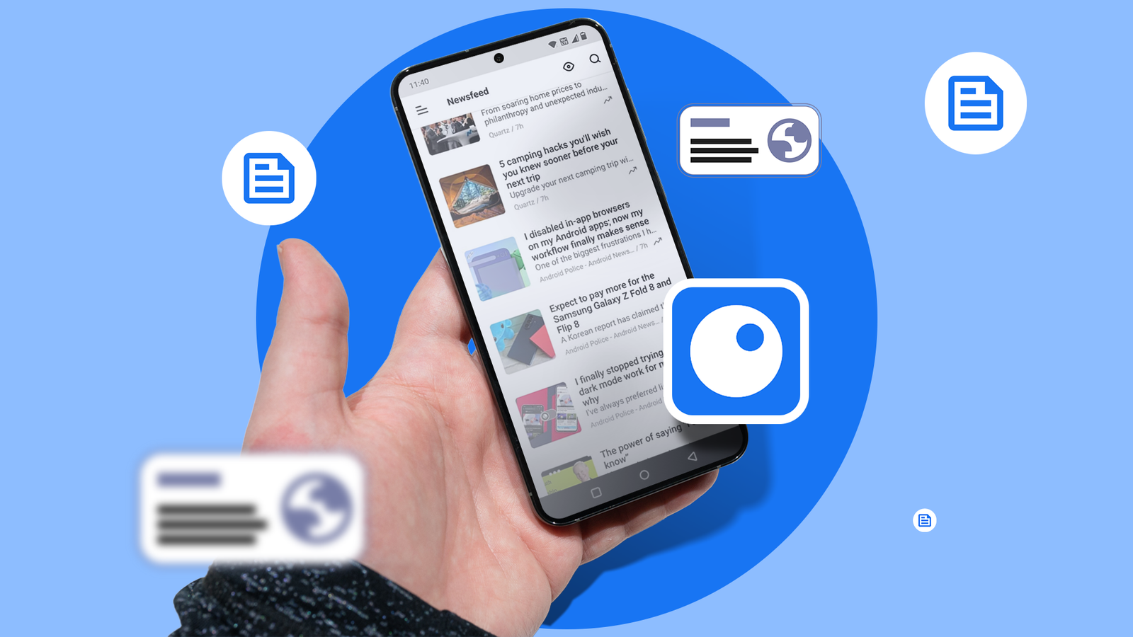 Homem sorrindo enquanto olha para o telefone ao ar livre, com uma sobreposição de uma programação colorida do Google Agenda exibindo alguns eventos.