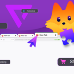 Uma mão saindo do logotipo do Firefox segurando um telefone, com o logotipo do Chrome desfocado no fundo.