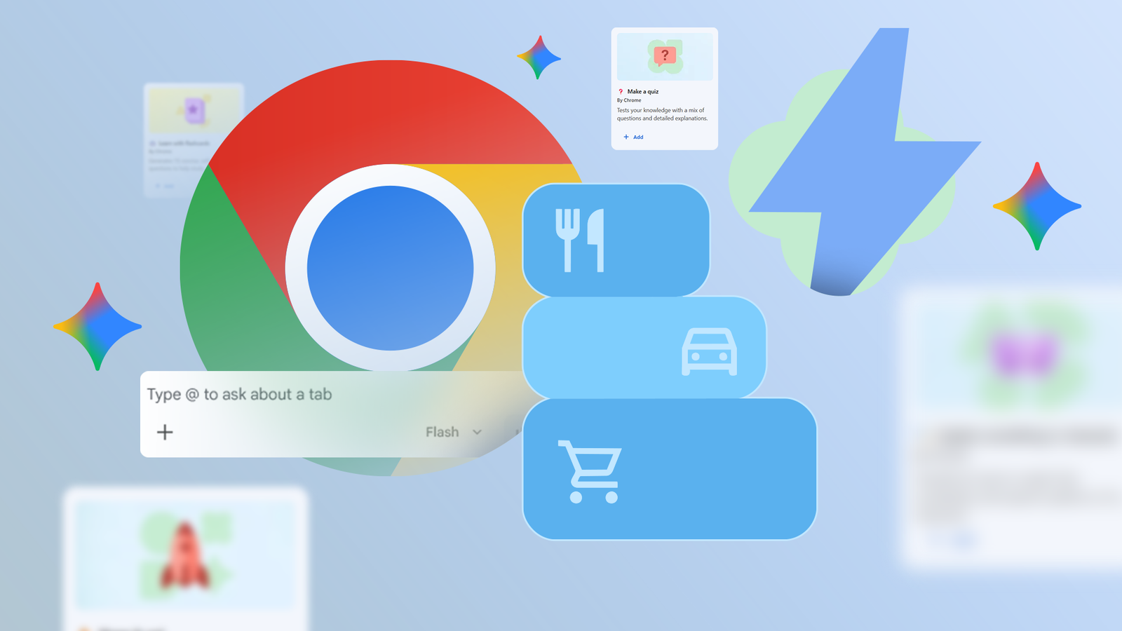 Gráfico mostrando a interface de bate-papo do Gemini aberta em uma janela do navegador Google Chrome, cercada por ícones flutuantes do Gemini Spark e um logotipo 3D do Chrome