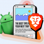 Uma tela de smartphone com um navegador aberto, o mascote do Android e alguns logotipos de navegador diferentes ao redor.