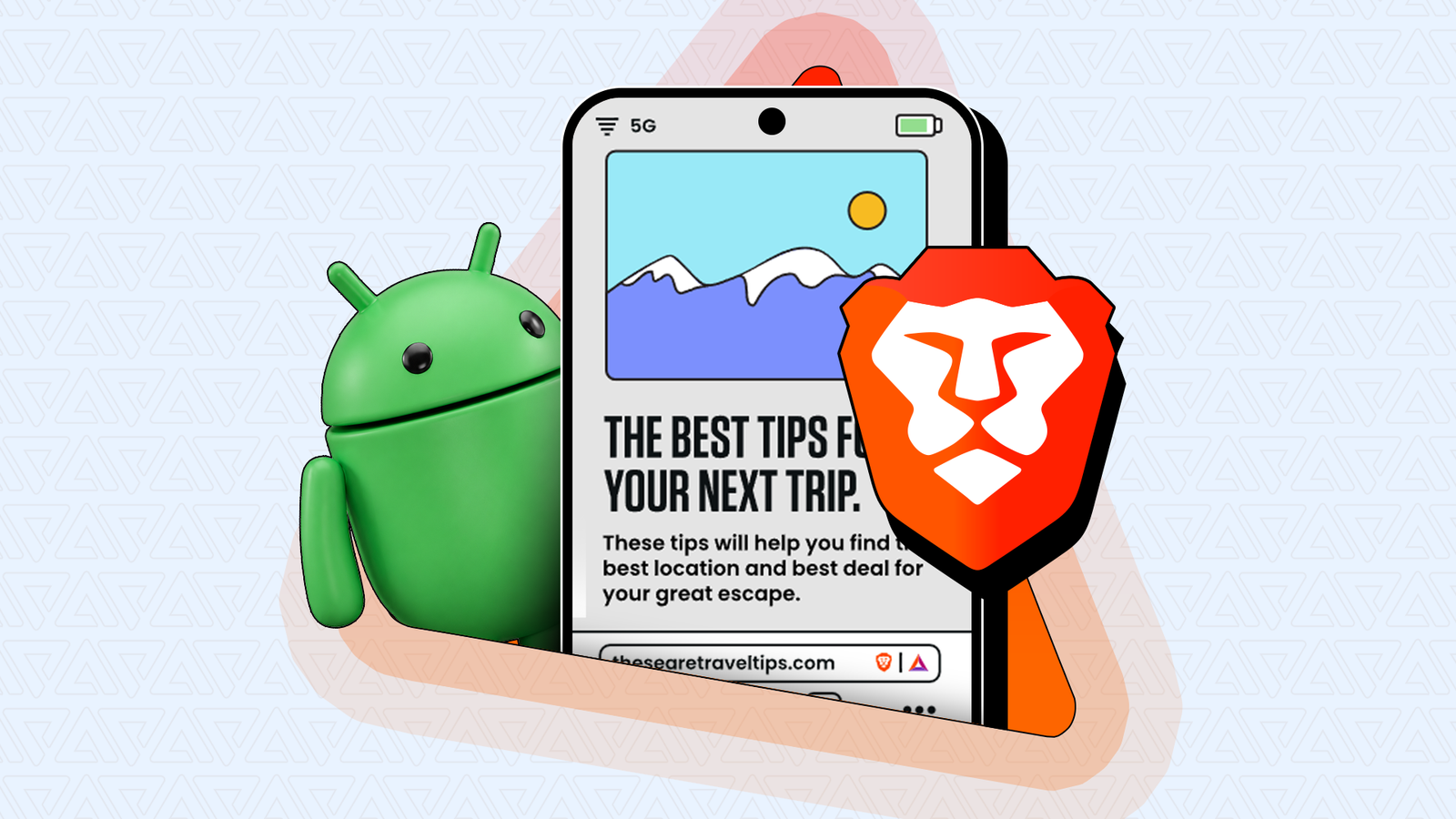 Uma tela de smartphone com um navegador aberto, o mascote do Android e alguns logotipos de navegador diferentes ao redor.