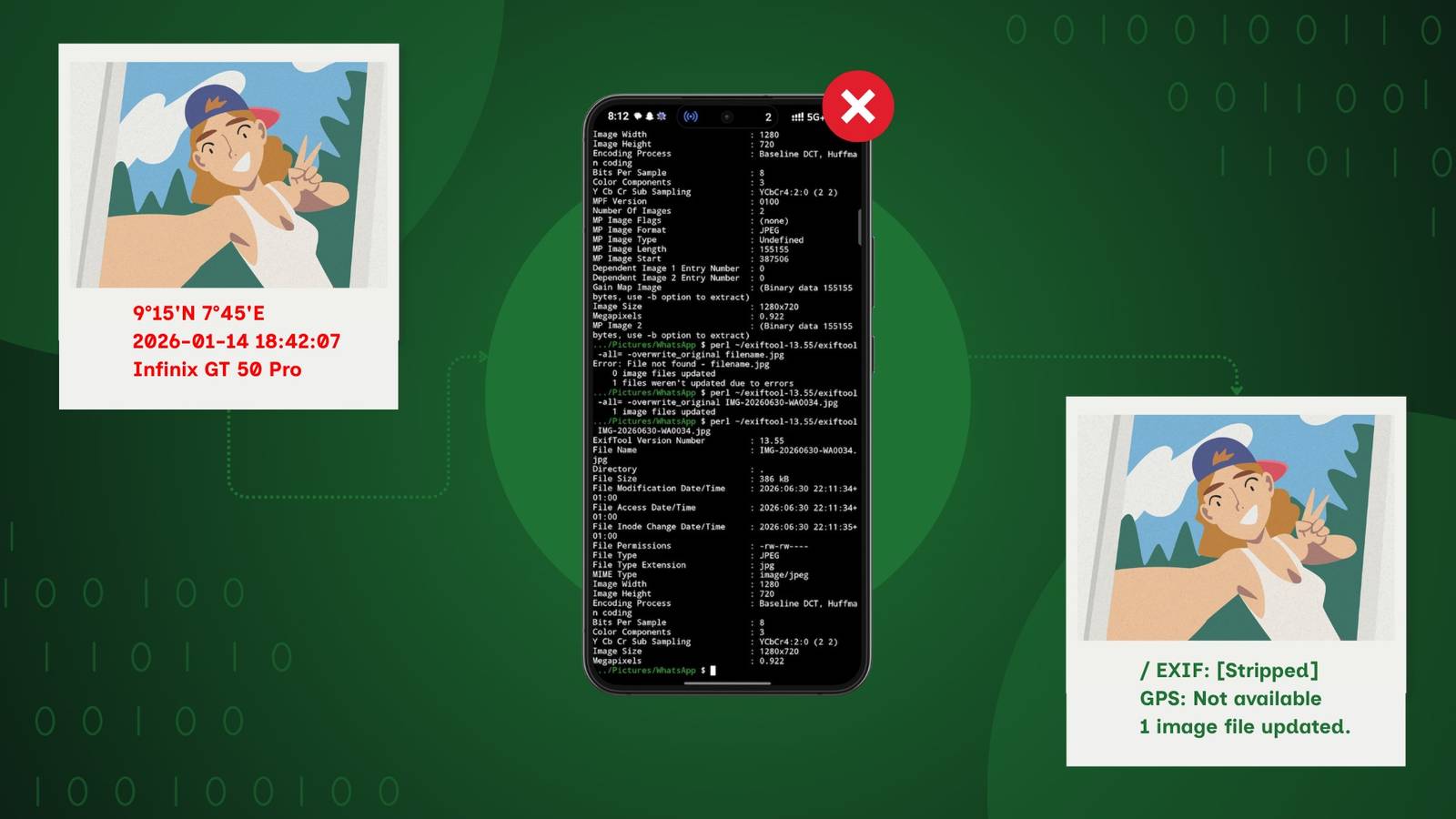 Terminal Termux mostrando detalhamento detalhado de metadados para arquivo