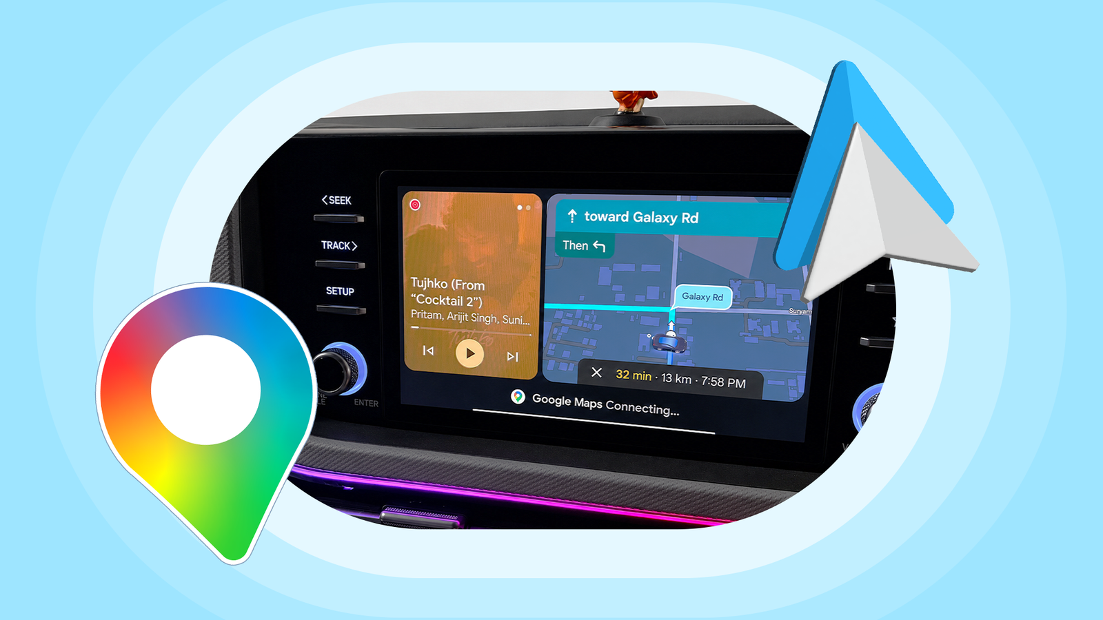 Tela do Android Auto com ícones Gemini, calendário e ideias