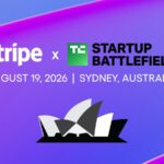 A promotional graphic for TechCrunch and Stripe's Startup Battlefield competition in Sydney, Australia August 19