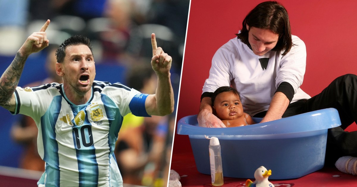 O astro do futebol Lionel Messi, de 20 anos, ajuda a dar banho em Lamine Yamal.