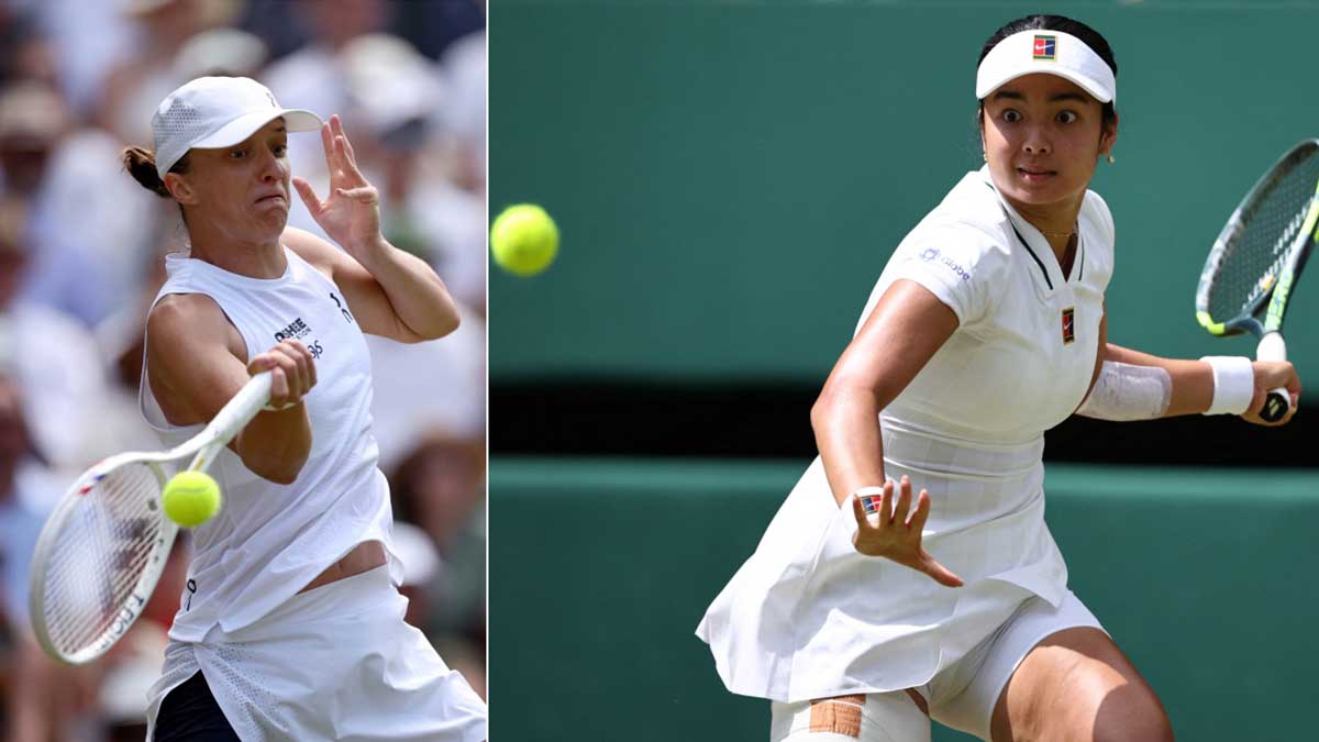 IMPERDÍVEL A polonesa Iga Swiatek (à esquerda) e a filipina Alexandra “Alex” Eala dão tudo de si na partida individual feminina da terceira rodada de tênis em Wimbledon, no sábado. —AFP