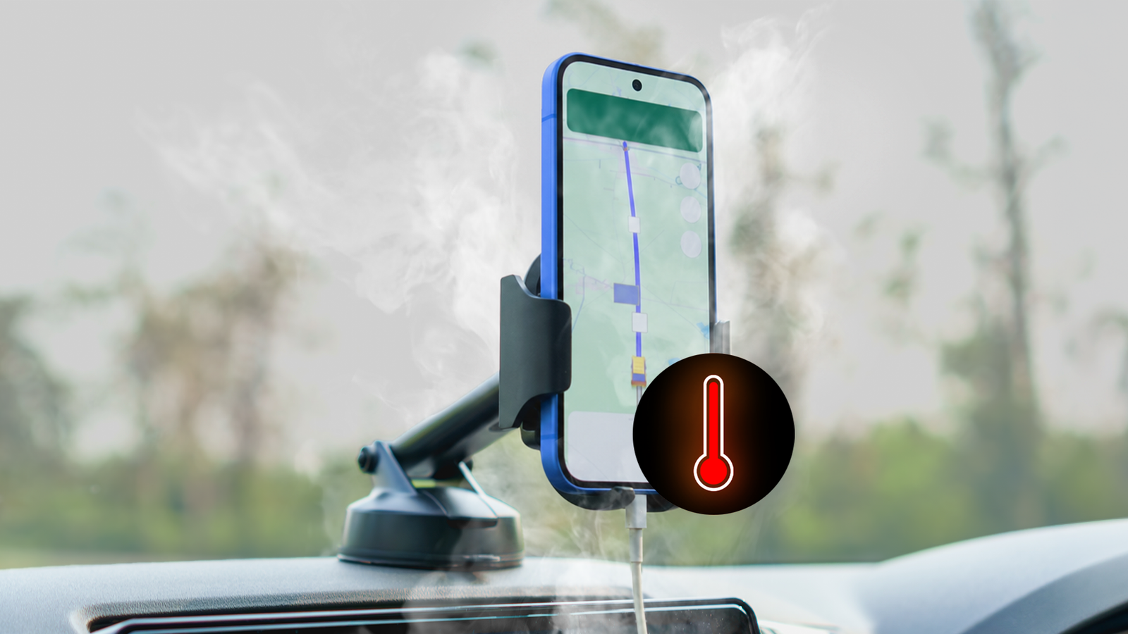 Uma mão segurando um smartphone Google Pixel azul com um ícone de alerta e ícones representando câmera, áudio e bugs.