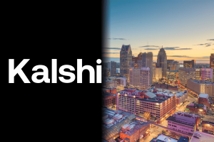 Logotipo Kalshi ao lado do horizonte de Detroit representando a decisão do Conselho de Controle de Jogos de Michigan de deixar o Conselho Nacional de Jogos Problemáticos após a parceria da organização com o operador de mercado de previsão Kalshi.
