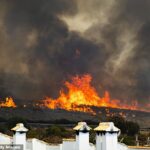 Chamas e fumaça subindo do incêndio florestal que eclodiu na quinta-feira no sul da Espanha