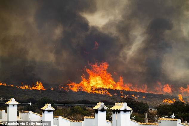 Chamas e fumaça subindo do incêndio florestal que eclodiu na quinta-feira no sul da Espanha