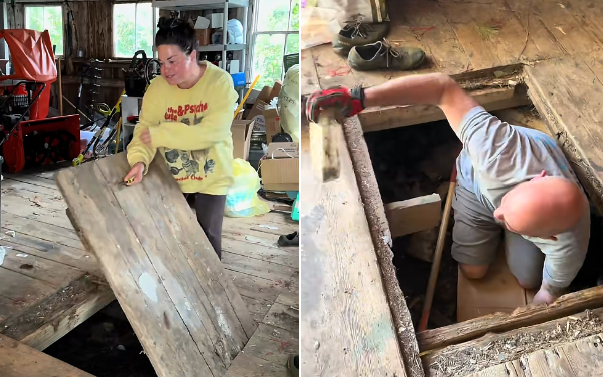 Sam Ramsdell and a local historian exploring the hidden door.