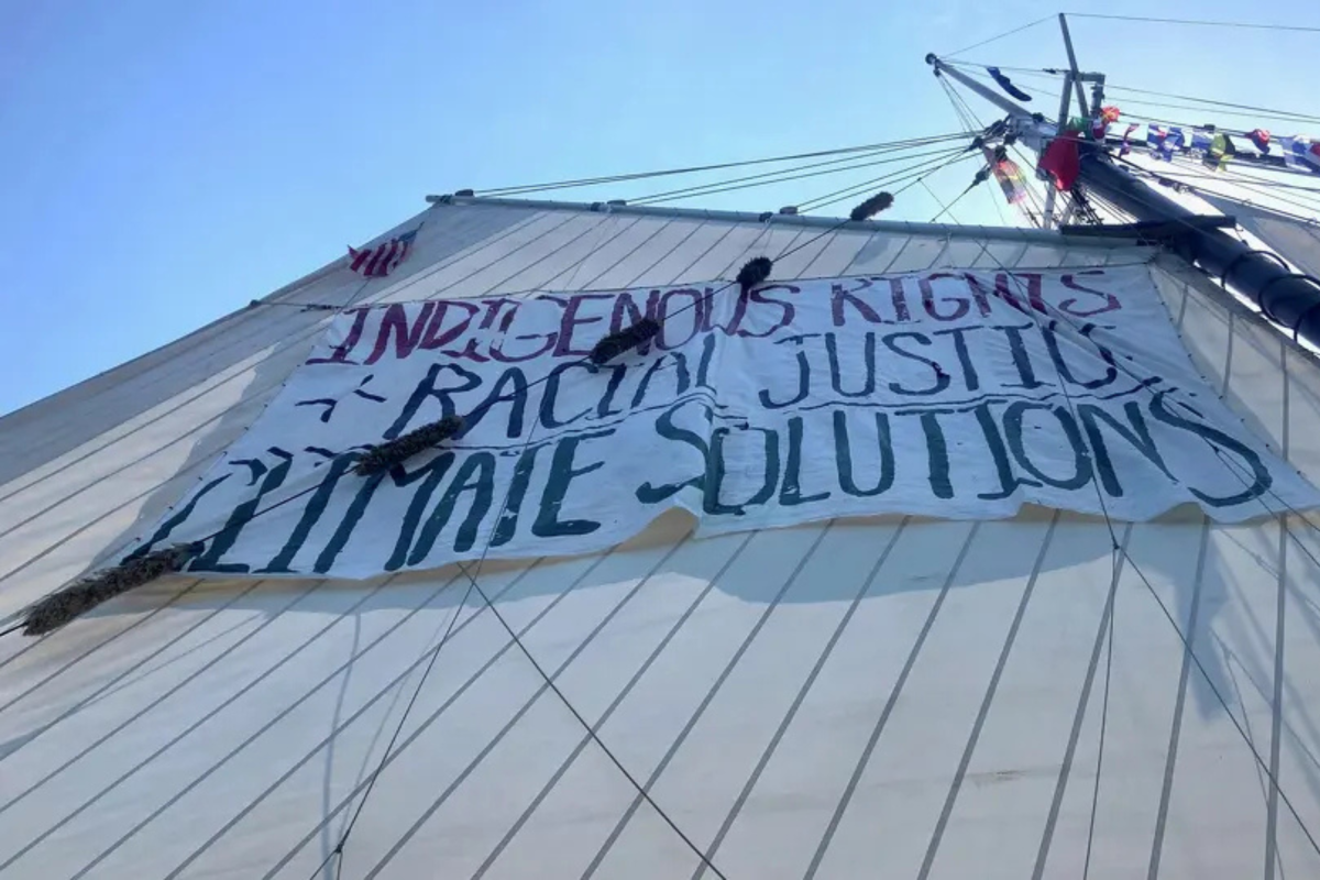 A sailboat operated by the nonprofit Hudson River Sloop Clearwater was removed from the Sail4th 250 Parade of Tall Ships in New York Harbor after displaying banners, according to the organization. (Twitter)
