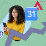 Mulher sorridente usando um smartphone em frente a um ícone do Google Agenda, cercado por uma paleta de cores, um sino de notificação desativado e um rótulo