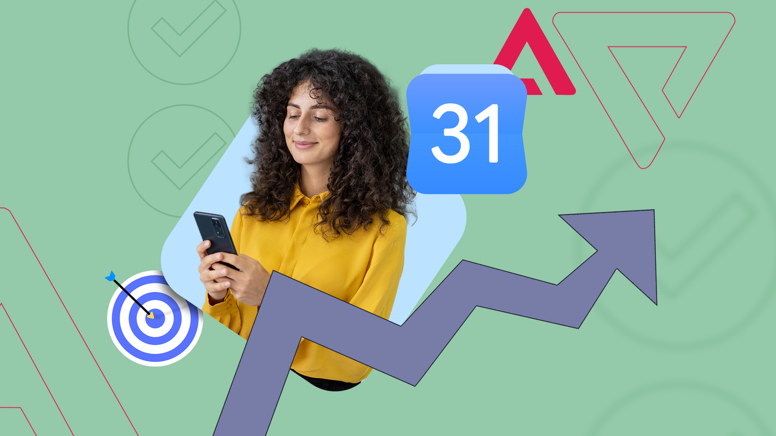 Mulher sorridente usando um smartphone em frente a um ícone do Google Agenda, cercado por uma paleta de cores, um sino de notificação desativado e um rótulo