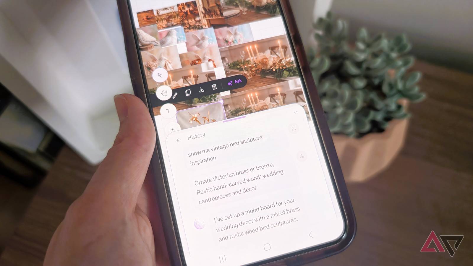 Uma tela de smartphone com o logotipo do Android no centro e ícones de vídeo e imagem ao redor.