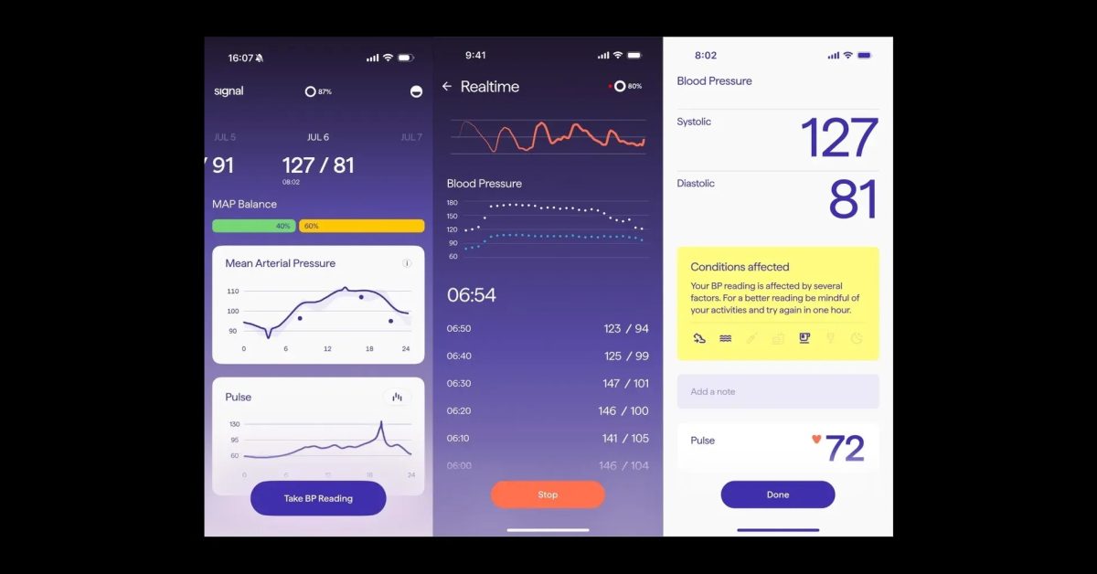 Signal Ring fornece leituras de pressão arterial | A imagem mostra o aplicativo complementar para iPhone
