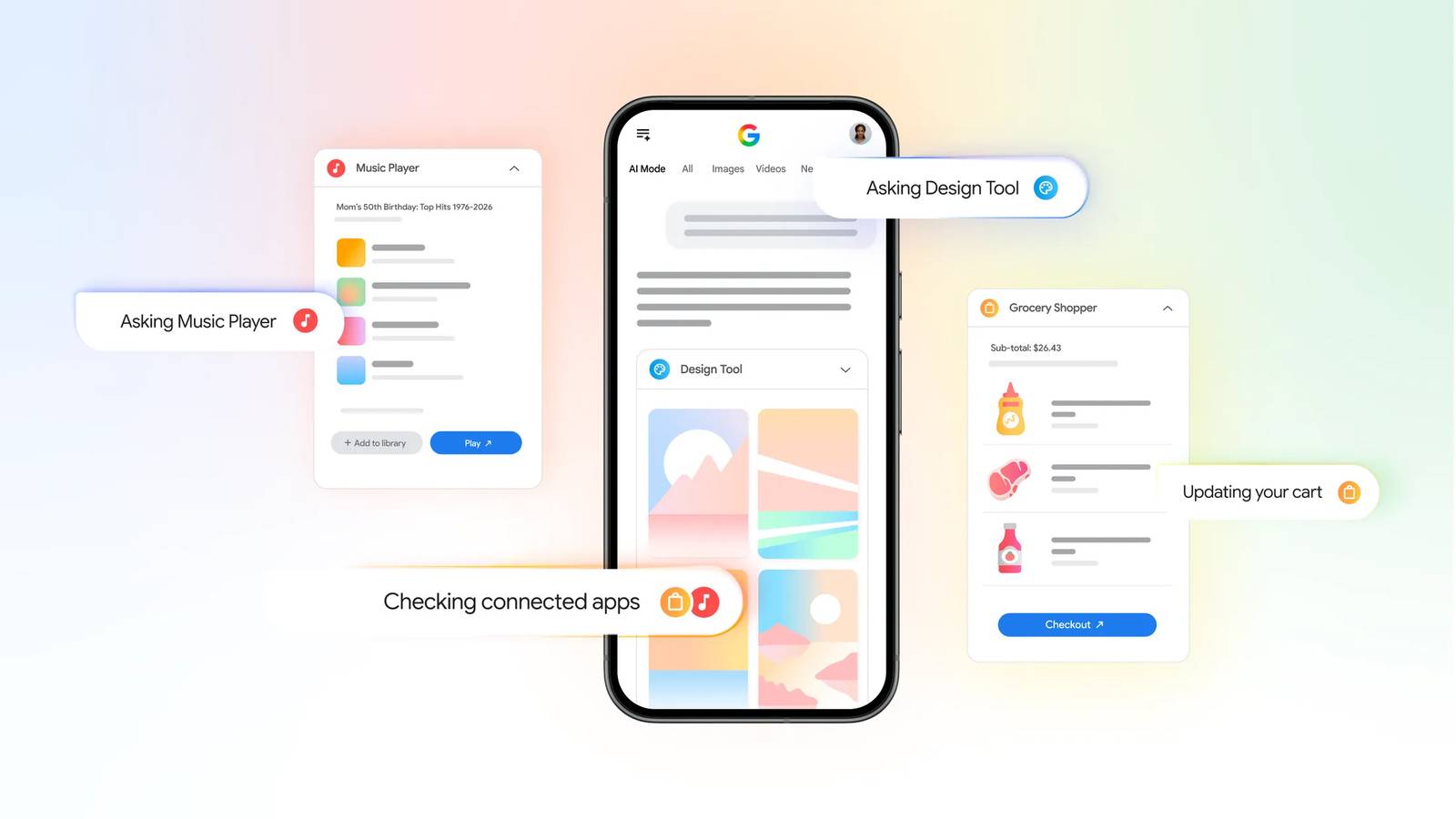 Ícones de aplicativos do Google flutuando em torno de uma forma colorida de Gêmeos