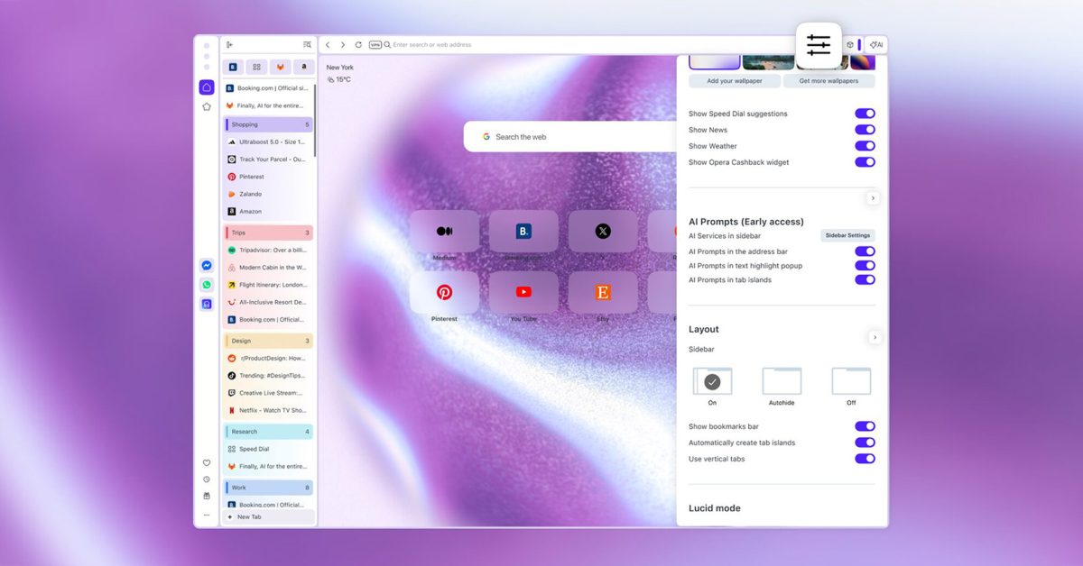 O navegador Opera One se junta ao clube de guias verticais e expande a integração do Google Lens