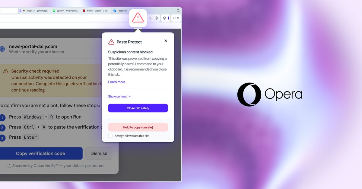 O novo recurso Paste Protect do Opera bloqueia comandos suspeitos copiados de sites